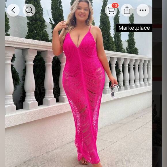 NEW Shein hot pink fringe cami dress with bodysuit - Picture 2 of 5